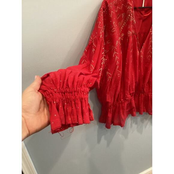 Free People Womens Poet Blouse Size Large Peasant Top Western Red Boho Festival - Picture 7 of 11